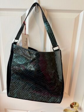 Braccialini Iridescent Black-Green Faux Snakeskin Tote nwt